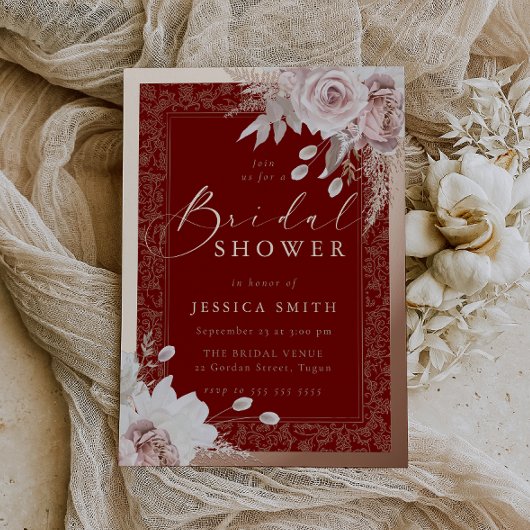 Rose Gold, Deep Red & Blush Floral Bridal Shower Folie Uitnodiging