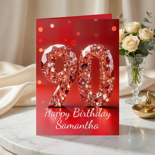 Rose Gold Diamond 90th Birthday Red Sparkle Kaart