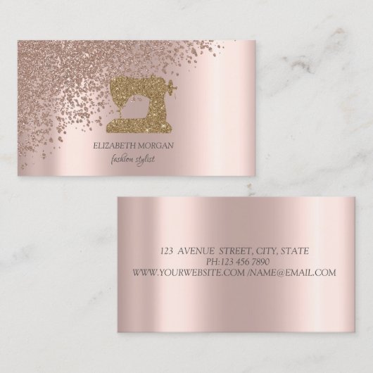  Rose Gold Diamonds Gold Glitter Sewing Machine Visitekaartje (Voorkant / Achterkant)