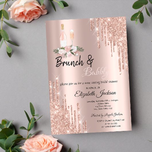 Rose Gold Drips Brunch & Bubbly Bruidsfeest Kaart