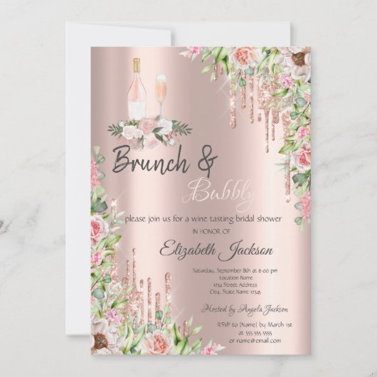Rose Gold  Drips Roses Brunch & Bubbels Kaart (Voorkant)