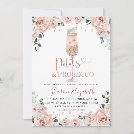 Rose Gold Dusty Petals and Prosecco Bridal Shower Kaart (Voorkant)