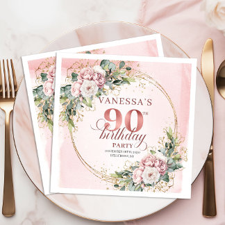 Rose Gold Dusty Pink Boho Floral 90th Birthday  Servet