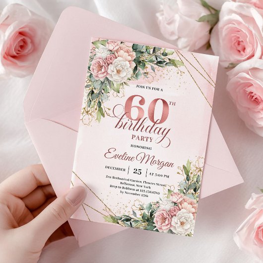Rose Gold Dusty Pink Floral 60th Birthday Invite Kaart