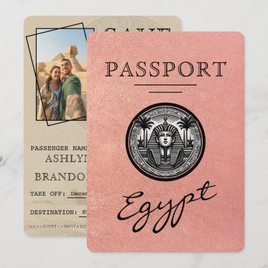 Rose Gold Egypt Passport Wedding Save the Date (Voorkant / Achterkant)
