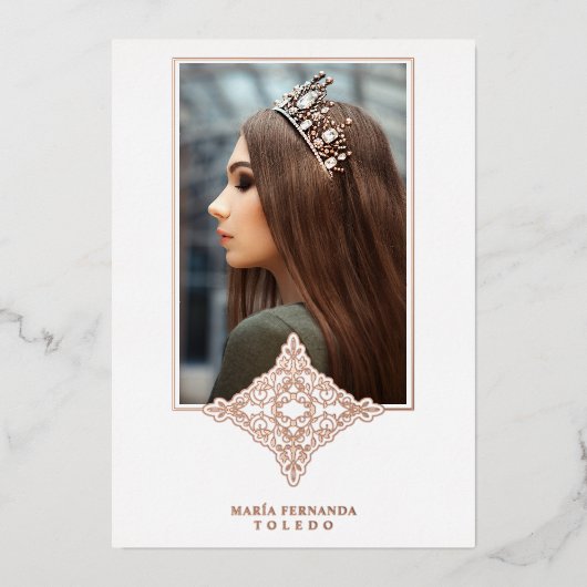 Rose Gold Encaje Español Real Metálico Mis Quince Folie Uitnodiging (Voorkant)