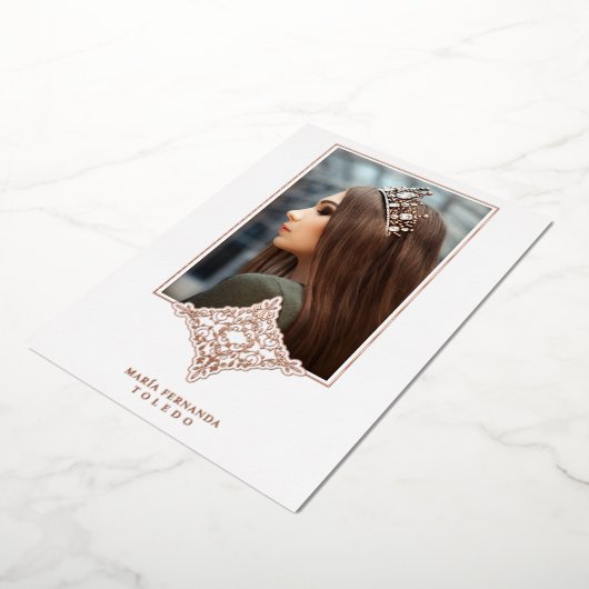 Rose Gold Encaje Español Real Metálico Mis Quince Folie Uitnodiging (Gedraaid)