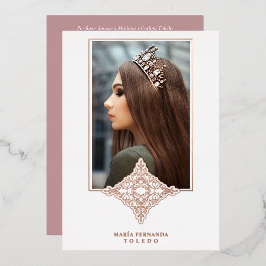 Rose Gold Encaje Español Real Metálico Mis Quince Folie Uitnodiging (Voorkant / Achterkant)