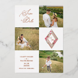 Rose Gold Fancy Modern Collage 3 Photos Wedding Folie Uitnodiging