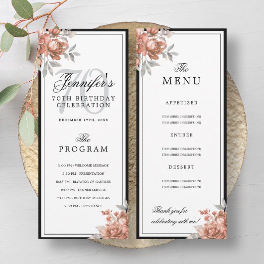 Rose Gold Floral 70th Birthday Program Menu  Kaart