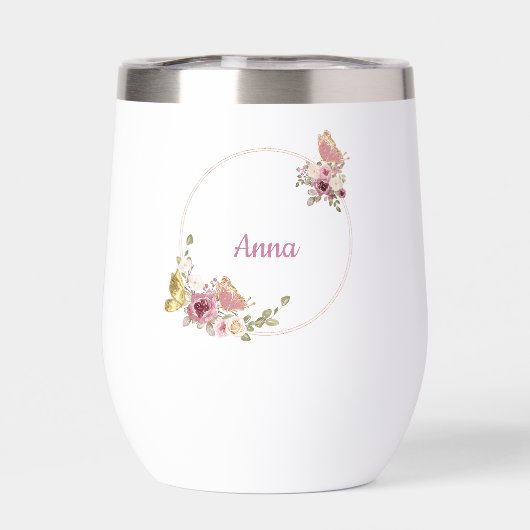 Rose Gold Floral Butterfly Custom Text (Achterkant)