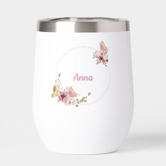 Rose Gold Floral Butterfly Custom Text (Achterkant)