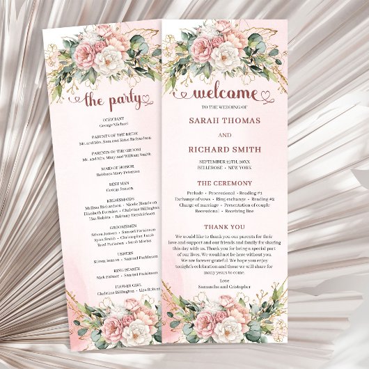 Rose Gold Floral Eucalyptus Elegant Wedding Agenda Programmakaart