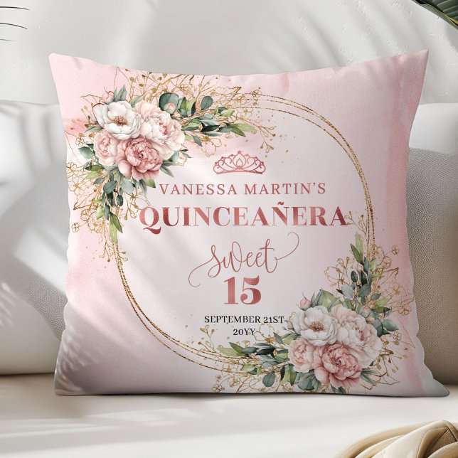 Rose Gold Floral Eucalyptus Quinceañera Gift Kussen (Rose Gold Floral Eucalyptus Quinceañera Pillow Gift)