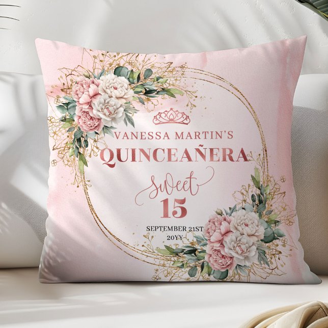 Rose Gold Floral Eucalyptus Quinceañera Gift Kussen (Rose Gold Floral Eucalyptus Quinceañera Pillow Gift)