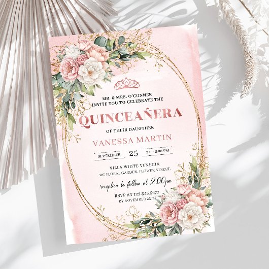 Rose Gold Floral Eucalyptus Quinceañera Invitation Kaart