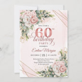Rose Gold Floral Gold Frame 60th Birthday Invite Kaart (Voorkant)