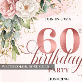 Rose Gold Floral Greenery Watercolor 60th Birthday Kaart