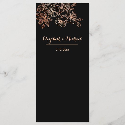 Rose Gold Floral Line Art Black Wedding Menu (Achterkant)