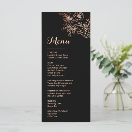 Rose Gold Floral Line Art Black Wedding Menu (Staand voorkant)