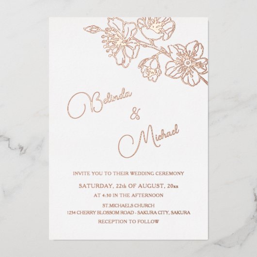 Rose Gold Floral Line Art | Photo Wedding Folie Uitnodiging (Voorkant)