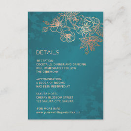 Rose Gold Floral Line Art Teal Wedding Informatiekaartje
