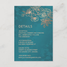 Rose Gold Floral Line Art Teal Wedding Informatiekaartje