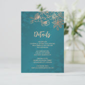 Rose Gold Floral Line Art Teal Wedding Informatiekaartje (Staand voorkant)