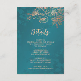 Rose Gold Floral Line Art Teal Wedding Informatiekaartje