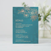 Rose Gold Floral Line Art Teal Wedding Informatiekaartje (Staand voorkant)
