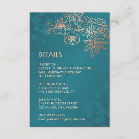 Rose Gold Floral Line Art Teal Wedding Informatiekaartje (Voorkant)