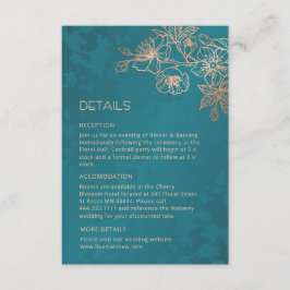 Rose Gold Floral Line Art Teal Wedding Informatiekaartje