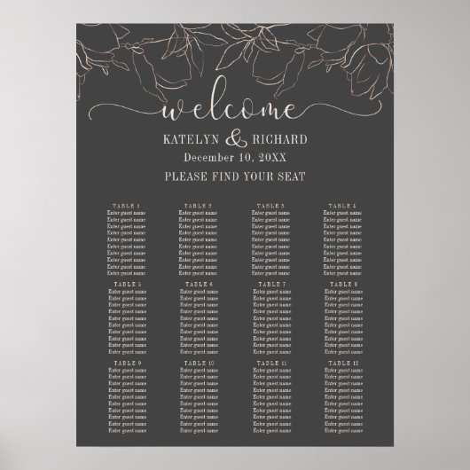 Rose gold floral silhouette Seating Chart Poster (Voorkant)