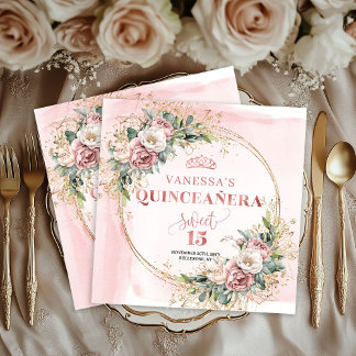 Rose Gold Floral Sweet 15 Birthday Party Napkins Servet
