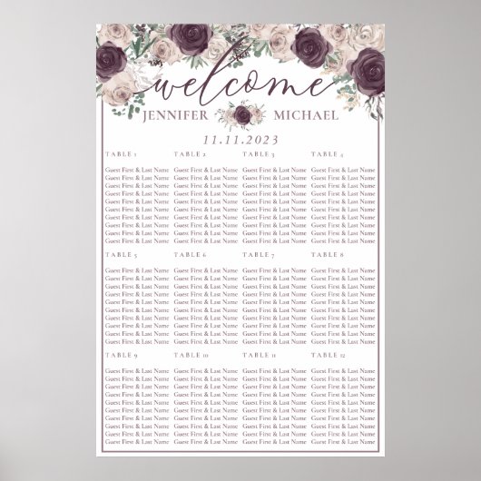 Rose gold Floral Wedding Seating List Table Number Poster (Voorkant)