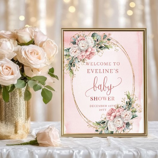 Rose Gold Floral Welcome Baby Shower Tabletop Sign Poster