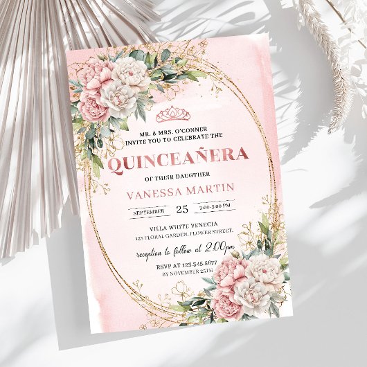 Rose Gold Flowers Greenery Quince Invitation Kaart