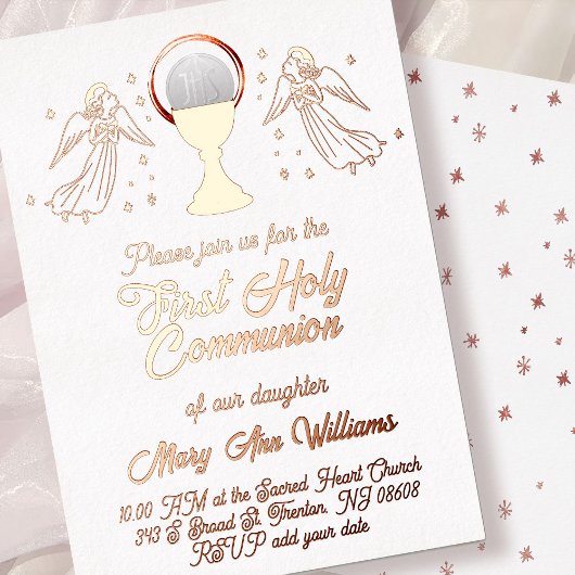 rose gold foil angels  First Communion Folie Uitnodiging