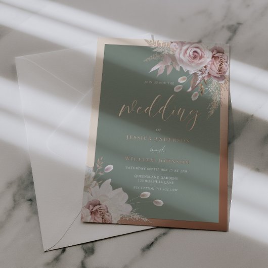 Rose Gold Foil Border Blush & Sage Floral Wedding  Folie Uitnodiging