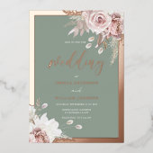 Rose Gold Foil Border Blush & Sage Floral Wedding  Folie Uitnodiging (Voorkant)