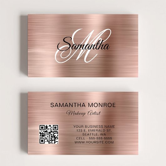 Rose Gold Foil Fancy Monogram QR Code Visitekaartje