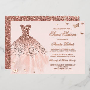 ROSE GOLD FOIL Jurk Vlinder Sweet Sixteen Folie Uitnodiging