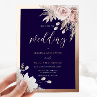 Rose Gold Foil Navy & Blush Floral Wedding Folie Uitnodiging