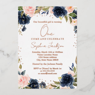 ROSE GOLD FOLIE Navy Blush 1e Meisje Verjaardag Fo Uitnodiging