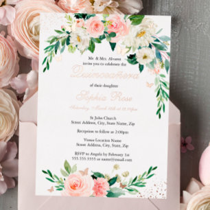 ROSE GOLD FOLIE Roze Bloemige Quinceanera Uitnodiging