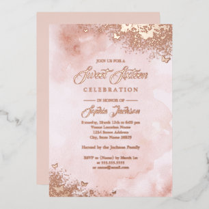 ROSE GOLD FOLIE Roze Perzik Vlinder Sweet Sixteen Uitnodiging