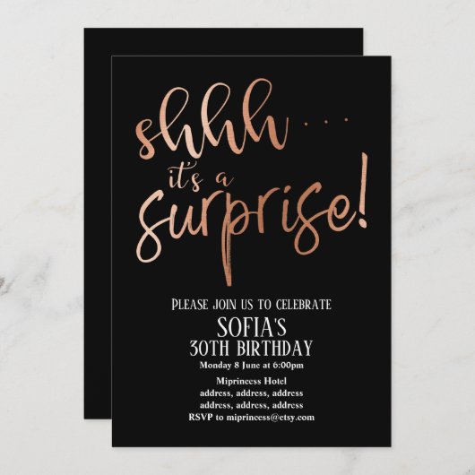 Rose Gold Folie , sst het is een Surprise party Kaart (Voorkant / Achterkant)