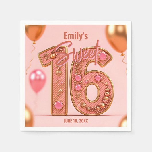 Rose Gold Glam Blush Pink Gemstone Sweet 16 Servet (Voorkant)