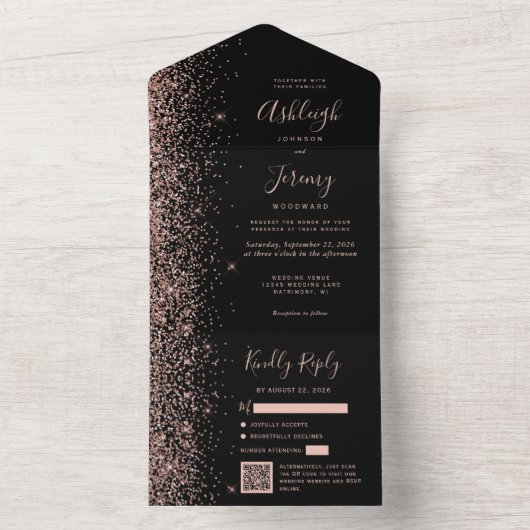 Rose Gold Glitter Black QR Code Wedding All In One Uitnodiging (Binnen)