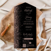 Rose Gold Glitter Black QR Code Wedding All In One Uitnodiging